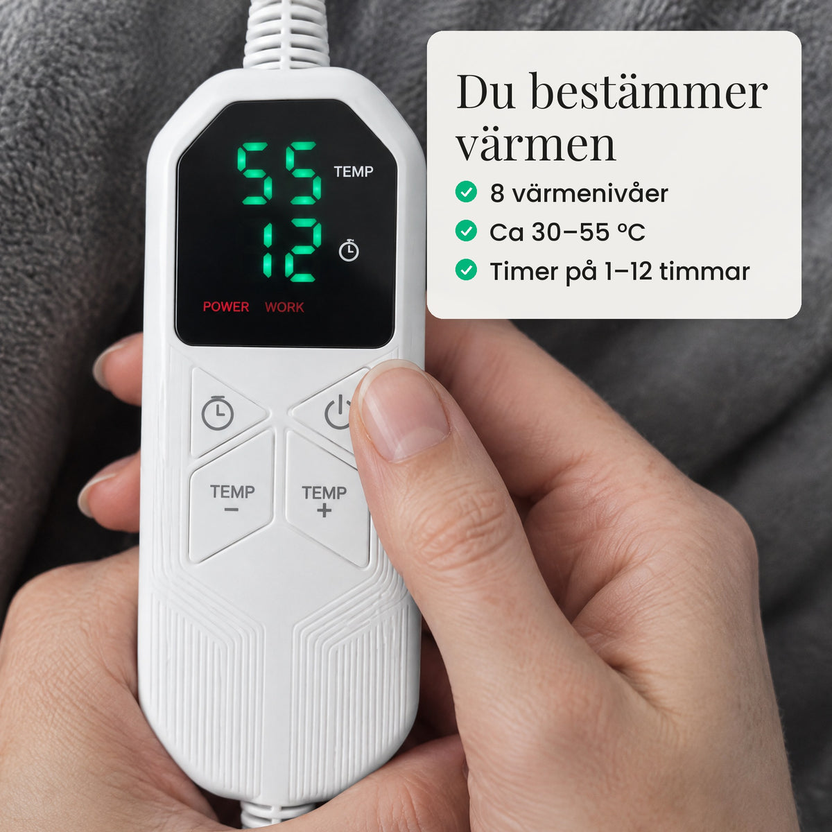 Kontroll med 8 värmenivåer och timer på 1–12 timmar
